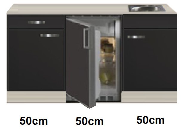 zoom vlotter Merchandiser Keukenblok 150 Udin antraciet glans incl rvs spoelbak en koelkast RAI-4460  - Keuken-land