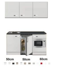Keukenblok 160 wit hoogglans met wandkasten incl rvs spoelbak en koelkast en magnetron RAI-516