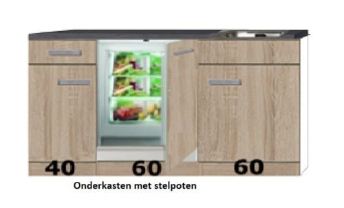 Keukenblok 160 houtnerf met stelpoten en inbouw koelkast RAI-519 - Afbeelding 2