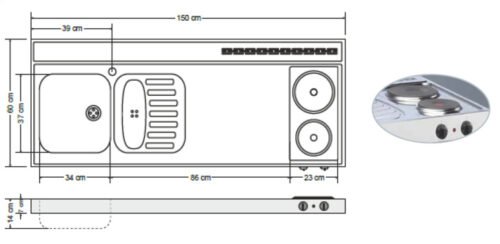kitchenette 150cm met rvs werkblad en koelkast RAI-332 - Afbeelding 5