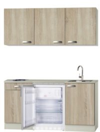 Keukenblok 150 houtnerf incl rvs spoelbak, koelkast en wandkasten RAI-4459