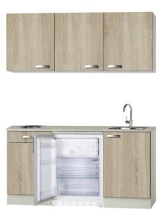 Keukenblok 150 houtnerf incl rvs spoelbak, koelkast en wandkasten RAI-4459