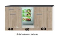 Keukenblok 160 houtnerf met stelpoten en inbouw koelkast RAI-519