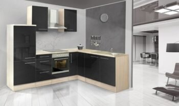 L-Keuken Hoogglans zwart akazia incl. inbouwapparatuur 260 x 200 cm CHI-9179